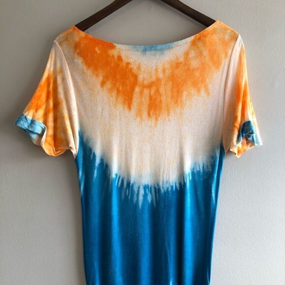 Rachel Roy Tie Dye Summer Short Sleeve Relaxed Draped Bodycon Mini Dress Orange - Picture 8 of 11